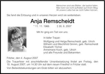 Todesanzeige von Anja Remscheidt von HNA