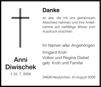 Todesanzeige von Anni Diwischek von HNA