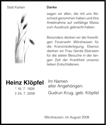 Todesanzeige von Heinz Klöpfel von HNA