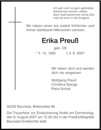 Todesanzeige von Erika Preuß von HNA