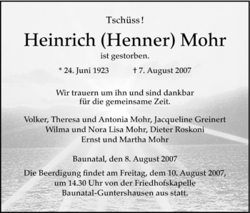 Todesanzeige von Heinrich Mohr von HNA
