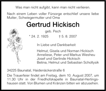 Todesanzeige von Gertrud Hickisch von HNA