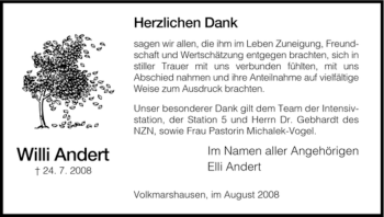 Todesanzeige von Willi Andert von HNA