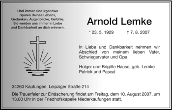 Todesanzeige von Arnold Lemke von HNA