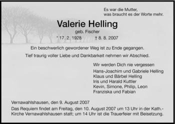 Todesanzeige von Valerie Helling von HNA