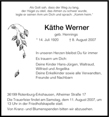 Todesanzeige von Käthe Werner von HNA