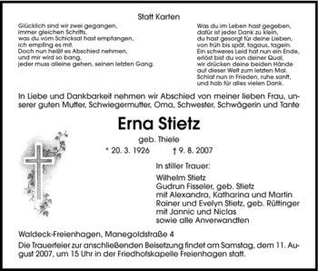 Todesanzeige von Erna Stietz von HNA