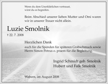 Todesanzeige von Luzie Smolnik von HNA