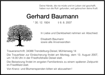 Todesanzeige von Gerhard Baumann von HNA
