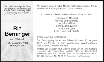 Todesanzeige von Ria Berninger von HNA