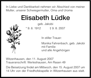 Todesanzeige von Elisabeth Lüdke von HNA