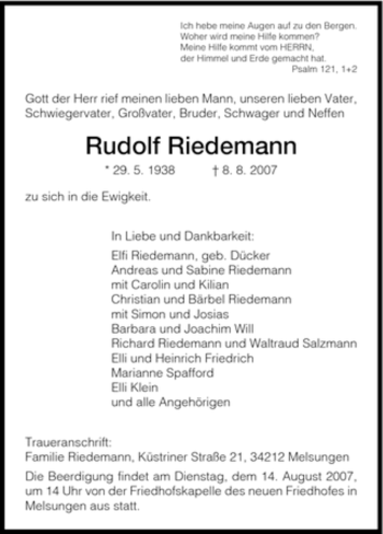 Todesanzeige von Rudolf Riedemann von HNA