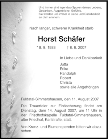 Todesanzeige von Horst Schäfer von HNA