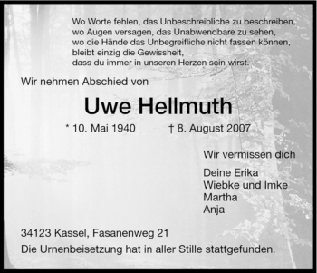 Todesanzeige von Uwe Hellmuth von HNA