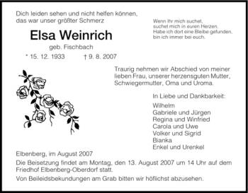 Todesanzeige von Elsa Weinrich von HNA