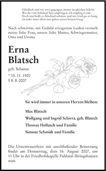 Todesanzeige von Erna Blatsch von HNA