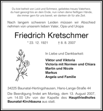 Todesanzeige von Friedrich Kretschmer von HNA