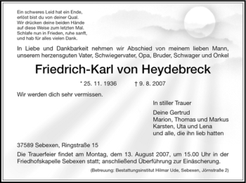 Todesanzeige von Friedrich-Karl von Heydebreck von HNA