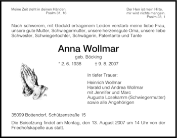 Todesanzeige von Anna Wollmar von HNA