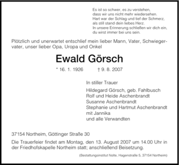 Todesanzeige von Ewald Görsch von HNA