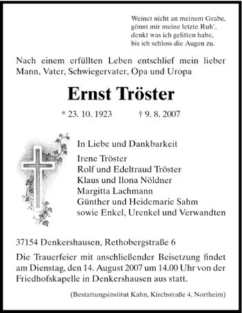 Todesanzeige von Ernst Tröster von HNA