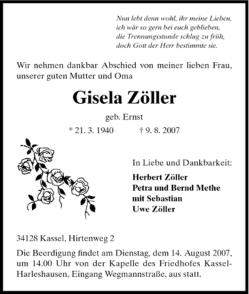 Todesanzeige von Gisela Zöller von HNA