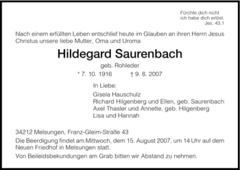 Todesanzeige von Hildegard Saurenbach von HNA