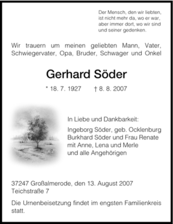 Todesanzeige von Gerhard Söder von HNA