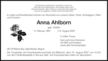 Todesanzeige von Anna Ahlborn von HNA