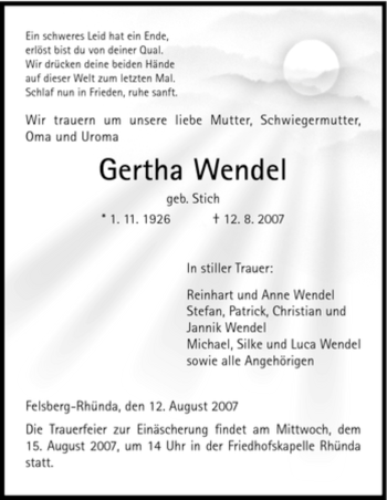 Todesanzeige von Gertha Wendel von HNA