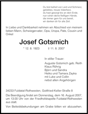 Todesanzeige von Josef Gotsmich von HNA