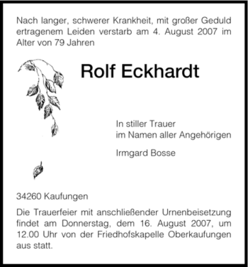 Todesanzeige von Rolf Eckhardt von HNA