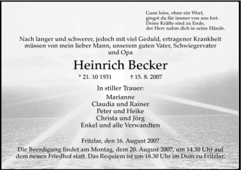 Todesanzeige von Heinrich Becker von HNA