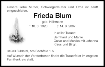 Todesanzeige von Frieda Blum von HNA