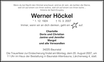 Todesanzeige von Werner Hoeckel von HNA