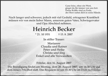 Todesanzeige von Heinrich Becker von HNA