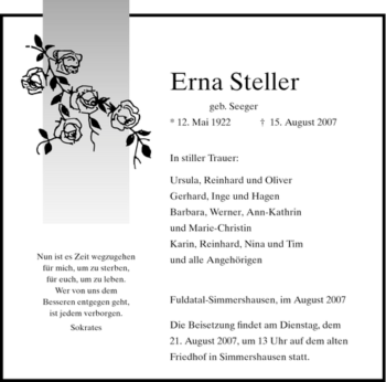 Todesanzeige von Erna Steller von HNA