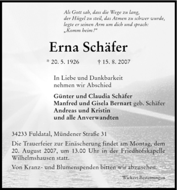 Todesanzeige von Erna Schäfer von HNA