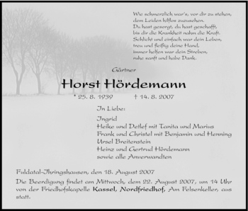 Todesanzeige von Horst Hoerdermann von HNA