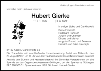 Todesanzeige von Hubert Gierke von HNA