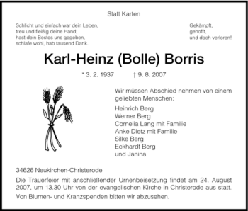 Todesanzeige von Karl-Heinz Borris von HNA