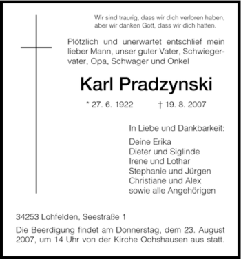 Todesanzeige von Karl Pradzynski von HNA