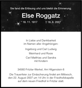 Todesanzeige von Else Roggatz von HNA