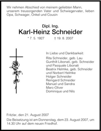 Todesanzeige von Karl-Heinz Schneider von HNA