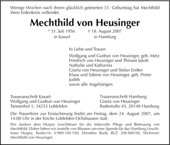 Todesanzeige von Mechthild von Heusinger von HNA