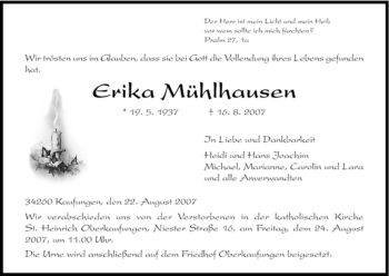 Todesanzeige von Erika Mühlhausen von HNA