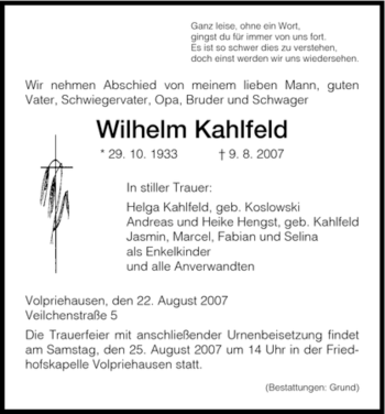 Todesanzeige von Wilhelm Kahlfeld von HNA
