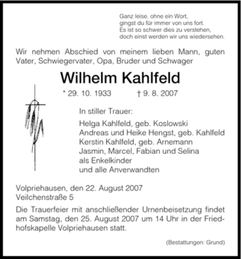 Todesanzeige von Wilhelm Kahlfeld von HNA