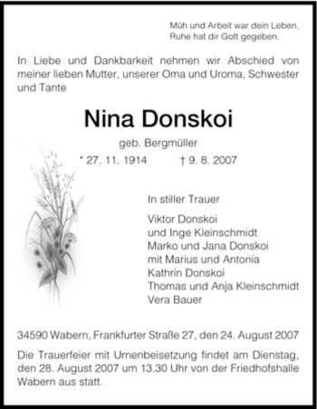 Todesanzeige von Nina Donskoi von HNA
