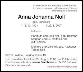 Todesanzeige von Anna Johanna Noll von HNA